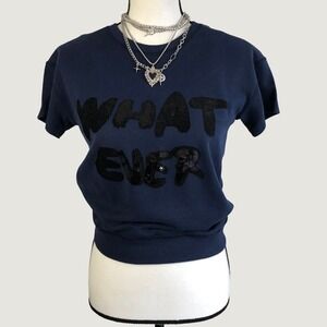 DouDou Japan Sequin Whatever Navy Short Sleeve Sweatshirt Top One Size S/M